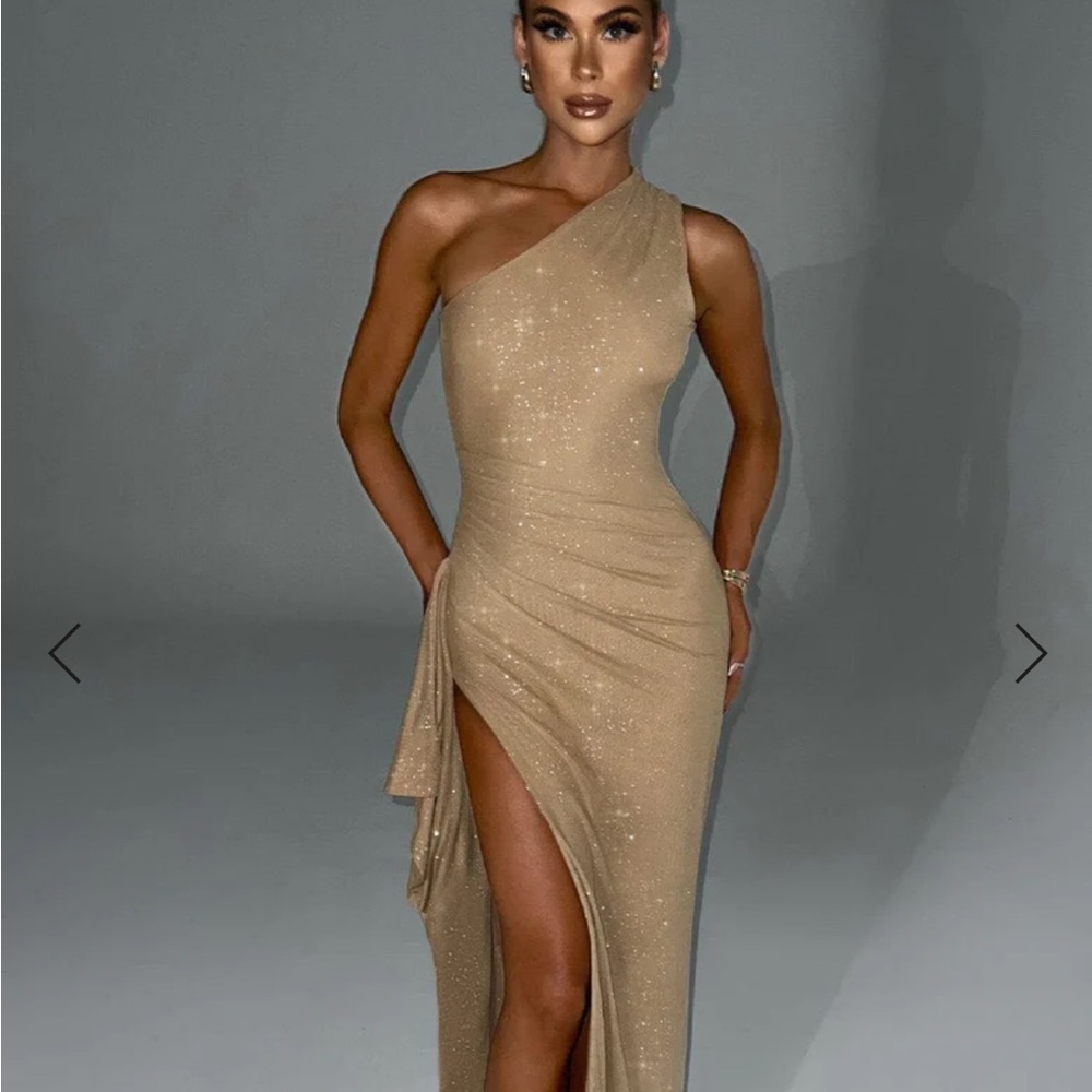 Gold Asymmetrical Ruched One Shoulder Dress